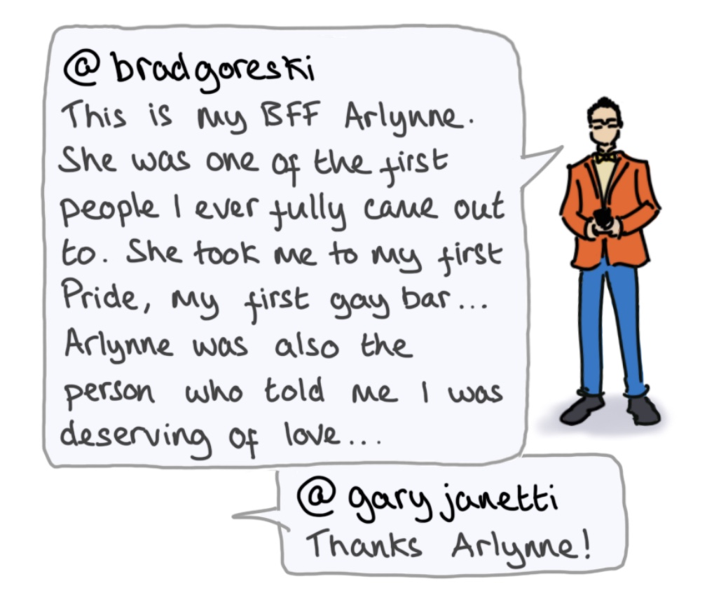 Cartoon illustration of Brad Goreski with text from Goreski’s Instagram account.