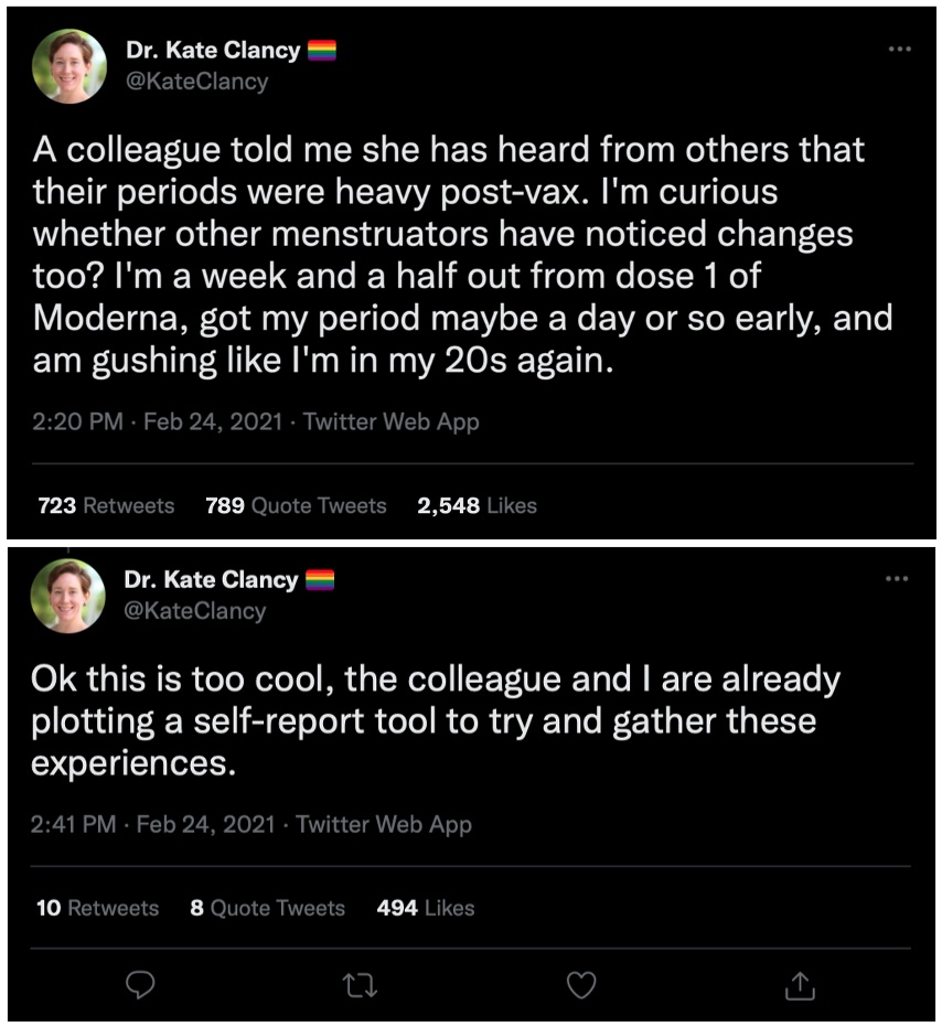 Figure 3: Screenshots of posts from Kate Clancy’s Twitter asking about periods after vaccines (Fig. 3a, from February 24, 2021, at 2:20 p.m.), then commenting that we were starting to think about how to gather these experiences (Fig. 3b, from February 24, 2021, at 2:41 p.m.). These screenshots were taken in 2023.