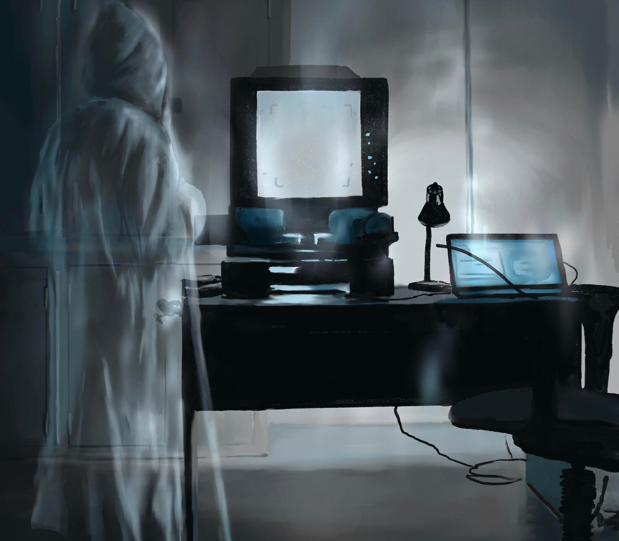 Painting of a ghost in an office